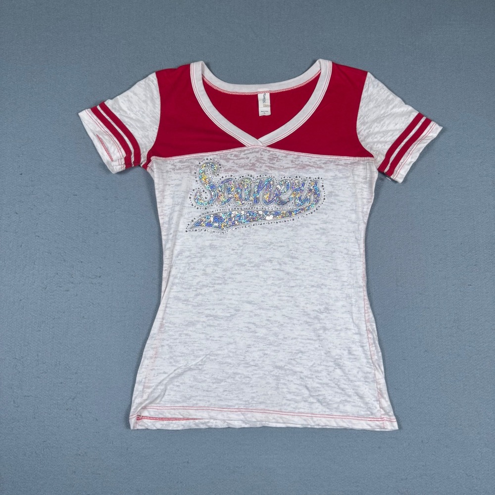 Blues 88 Oklahoma Sooners TShirt Women Large White Red Burnout Sequin Y2K V-Neck
